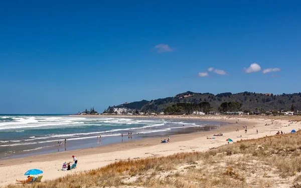 Whangamata Beach aerial panorama golden sand New Zealand