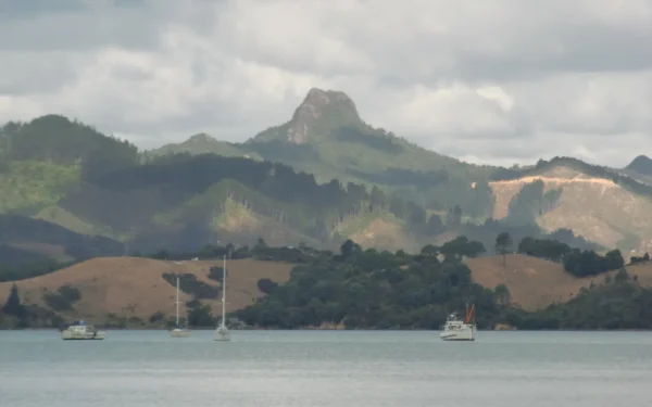 Motutere / Castle Rock volcanic plug rising above native forest on the Coromandel Peninsula, New Zealand