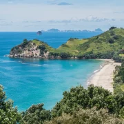Aerial view of Hahei Beach with golden sand and clear water on the Coromandel Peninsula