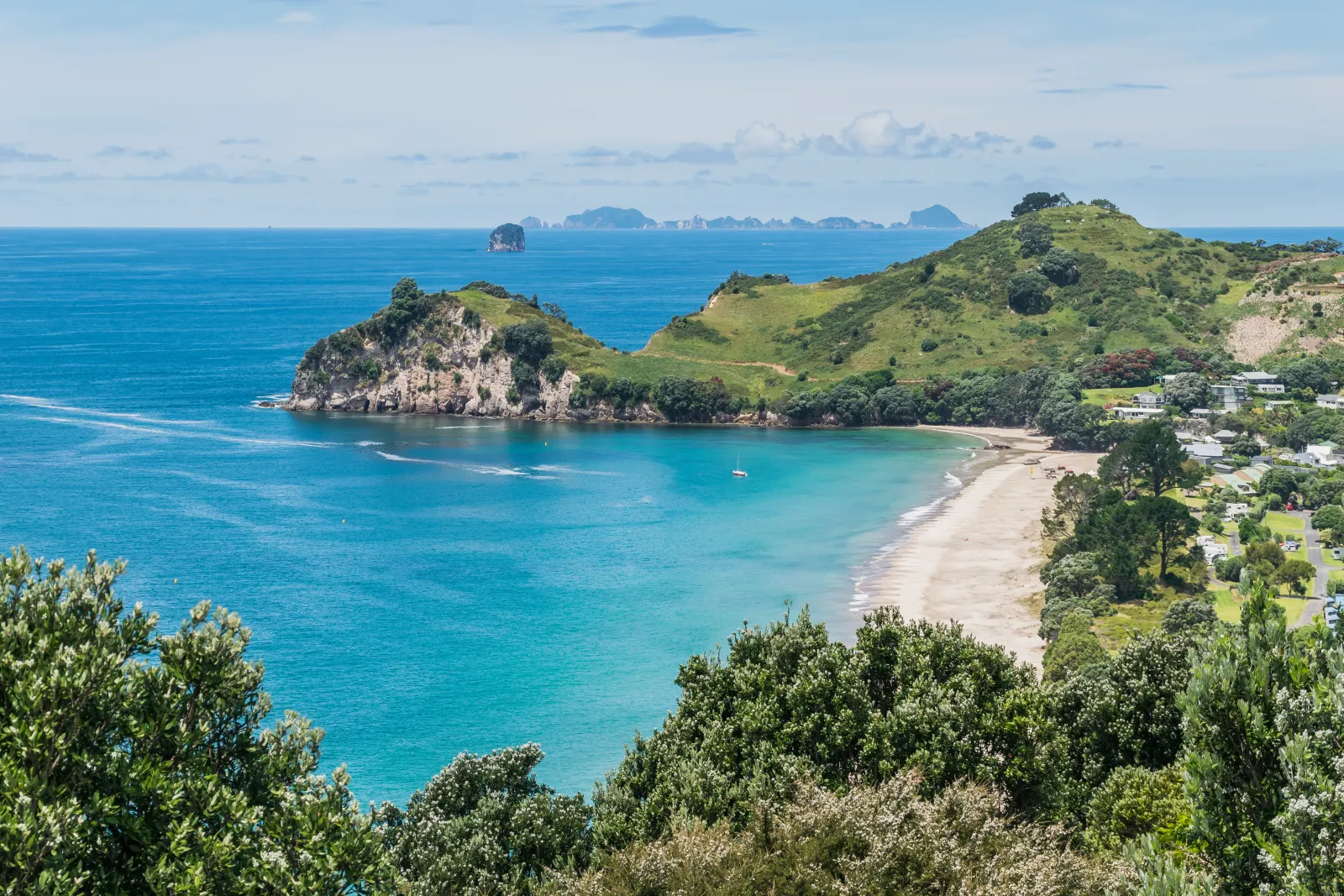 Aerial view of Hahei Beach with golden sand and clear water on the Coromandel Peninsula