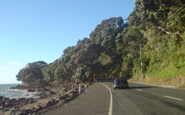 Winding coastal section of State Highway 25 hugging the Coromandel Peninsula shoreline in New Zealand