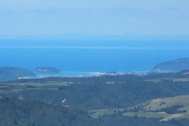 Aerial view of Whangamata township from the Pinnacles